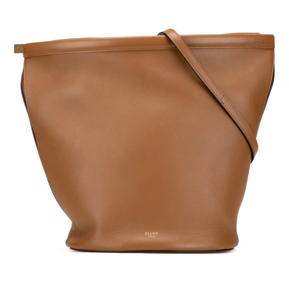Celine Clasp Bucket Shoulder Bag Brown Leather